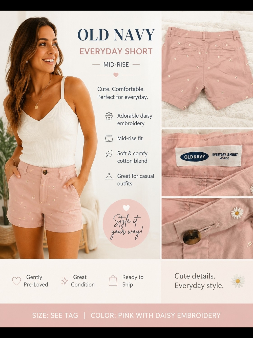 Old Navy Pink Daisy Embroidered Mid-Rise Shorts. Small Size.